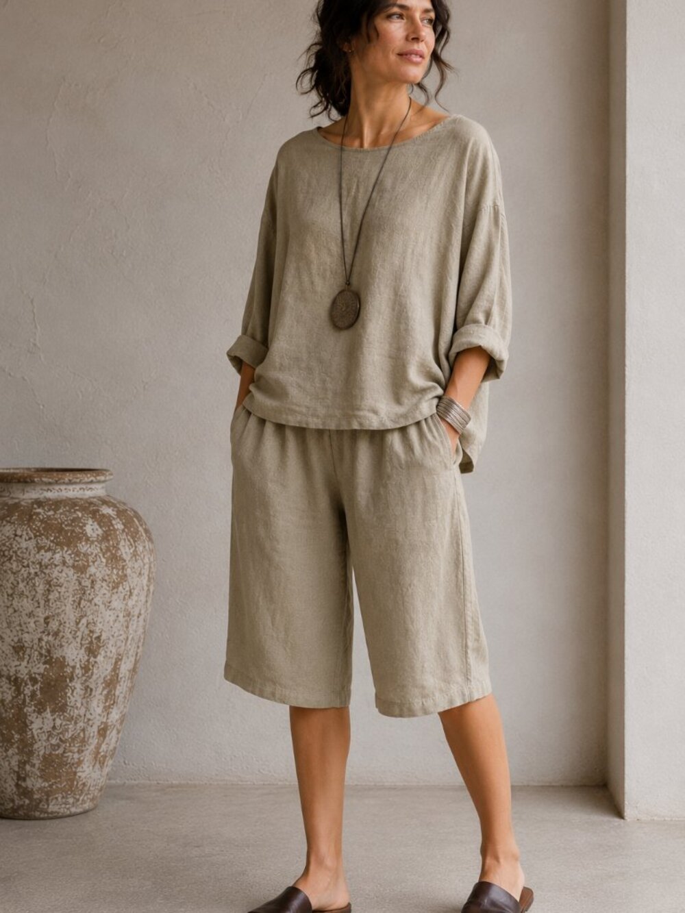 Eskandar Neiman Marcus 100% Linen Cropped Pull-On Pants Olive Beige